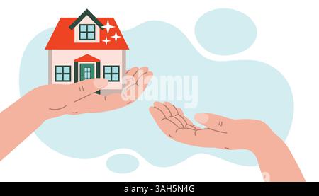 Concept d'achat immobilier. Mains d'homme d'affaires donnant une nouvelle maison, concept d'investissement réussi. Illustration en style plat. Illustration de Vecteur