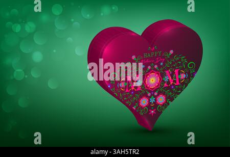 Boîte cadeau en forme de coeur de fête des mères 3D avec broderie dessinée à la main de décoration florale et de fleurs, isolé sur fond vert, effet bokeh doux Illustration de Vecteur