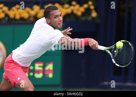 Le joueur de tennis canadien Felix Auger-Aliassime (CAN), jouant un tir du revers aux Championnats de tennis Duty Free de Dubaï 2025, Dubaï, U.A.E. Banque D'Images