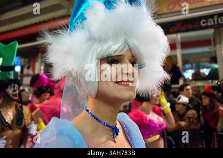 15 février 2015 - Sitges, Barcelone, Espagne - le Carnaval de Sitges, connu comme l'un des plus grands d'Espagne, propose des défilés colorés avec des gens de fête peu habillés, de la musique de rue, des groupes et des fêtards avec des costumes superlunaires. Les deux plus grandes parades du festival comportent toutes deux environ 50 chars et chaque année il y a plus de 3,000 participants. Sitges est situé à environ 30 kilomètres au sud de Barcelone, et le carnaval commence le jeudi gras et continue jusqu'au mercredi des cendres. Les deux plus grandes parades du carnaval sont la Parade de la débauche et la Parade de l'extermination. (Crédit image : © Serg Banque D'Images