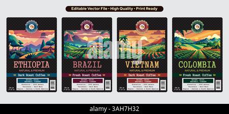 Design d'étiquette de café éthiopien Premium dans le thème noir foncé Brésil set Sticker Design et Vietnam Coffee Label Template Design, Colombia Coffee Illustration de Vecteur