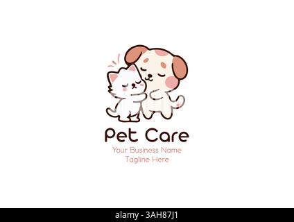 Conception de logo pour animaux de compagnie, chiot mignon Hugs chat logo illustration conception logo de soin pour animaux de compagnie pour la conception d'emballage, mignon Pet Lovers chat et chien logo vectoriel éditable Illustration de Vecteur