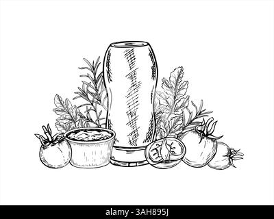 Bouteille de ketchup souple en plastique, tomates fraîches, romarin, coriandre, persil, et bol à sauce ligne art dessin à l'encre noire. Trempette aux tomates et aux herbes Illustration de Vecteur