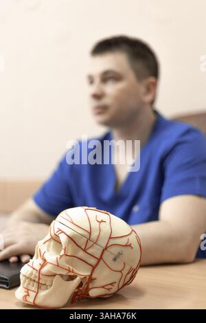 modèle d'un crâne humain avec des vaisseaux sanguins, en arrière-plan un homme médecin est une silhouette floue Banque D'Images