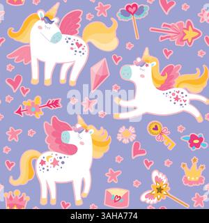 Motif licorne magique pour enfants. Joli ornement sans couture dessiné à la main avec licornes, baguette magique, étoiles. Texture vectorielle pour la literie des enfants, le tissu, le wallpape Illustration de Vecteur