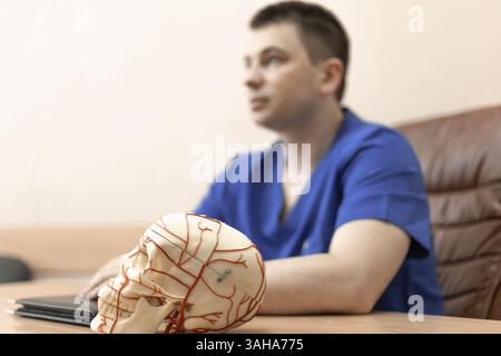 modèle d'un crâne humain, en arrière-plan un homme médecin est une silhouette floue Banque D'Images