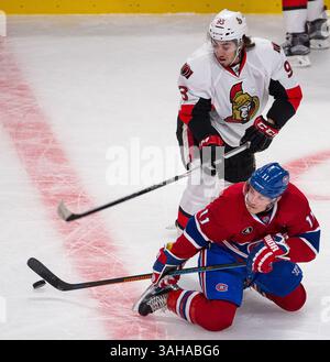 24 avril 2015 : Brendan Gallagher #11, aile droite des Canadiens de Montréal, et Mika Zibanejad #93, centre des sénateurs d'Ottawa, se battent pour la rondelle lors du cinquième match de la première ronde des éliminatoires de la Coupe Stanley 2015 entre les sénateurs d'Ottawa et les Canadiens de Montréal au Centre Bell de Montréal, Québec, Canada. Les sénateurs d’Ottawa ont battu les Canadiens de Montréal 5-1. La série est maintenant 3-2 pour les Canadiens. Philippe Bouchard/CSM(crédit image : © Philippe Bouchard/Cal Sport Medi/Cal Sport Media/ZUMAPRESS.com) Banque D'Images