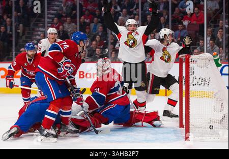 15 avril 2015 : Bobby Ryan, aile droite des sénateurs d'Ottawa, #6 et Mika Zibanejad, #93, célèbrent un but contre le gardien des Canadiens de Montréal, Carey Price, #31, lors d'un match de la LNH entre les sénateurs d'Ottawa et les Canadiens de Montréal dans le match un des éliminatoires de la Coupe Stanley 2015 au Centre Bell de Montréal, Québec, Canada. Philippe Bouchard/CSM(crédit image : © Philippe Bouchard/Cal Sport Medi/Cal Sport Media/ZUMAPRESS.com) Banque D'Images