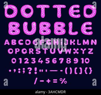 Police à bulles rose-violet avec des points demi-teintes bleus, alphabet anglais brillant y2k, lettres 3D vectorielles de ballon de dessin animé, chiffres et signes de ponctuation. Ils ont Illustration de Vecteur