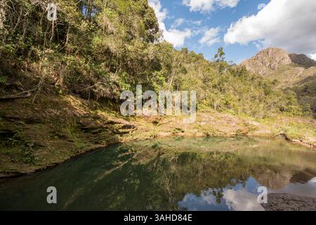 Calme petit lac dans le Brésil rural, avec une végétation luxuriante et des rives sablonneuses autour d'elle, par une journée ensoleillée brillante. Banque D'Images