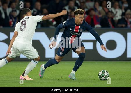 Paris, France. 09th Apr, 2025. Désir doué du PSG lors des quarts de finale de l'UEFA Champions League 1ère manche de football entre le Paris Saint-Germain (PSG) et l'Aston Villa FC le 9 avril 2025 au stade Parc des Princes à Paris, France - photo Jean Catuffe/DPPI crédit : DPPI Media/Alamy Live News Banque D'Images