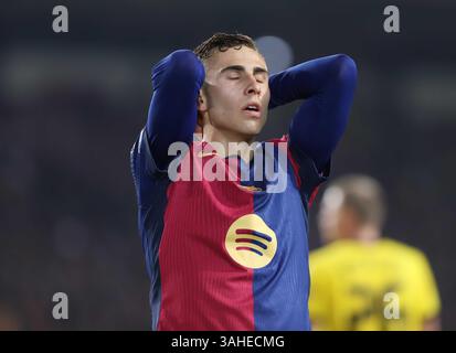 Sabadell, Barcelone, Espagne. 9 avril 2025. Barcelone Espagne 09.04.2025 Fermin Lopez ( FC Barcelone ) fait des gestes lors de la Ligue des Champions de l'UEFA entre le FC Barcelone et le Borussia Dortmund à l'Estadi Olimpic Lluis Companys le 09 avril 2025 à Barcelone. (Crédit image : © Xavi Urgeles/ZUMA Press Wire) USAGE ÉDITORIAL SEULEMENT ! Non destiné à UN USAGE commercial ! Banque D'Images