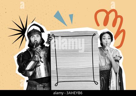Modèle esquisse de tendance illustration 3D collage photo de costume de soldat chevalier jeune homme dame montrer le geste secret garder le silence main tenir le tableau Banque D'Images