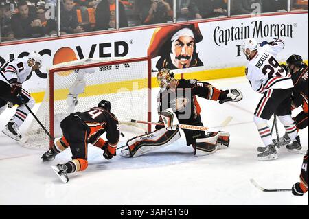 19 mai 2015 Anaheim, CA. L'aile droite des Blackhawks de Chicago, Marian Hossa #81, tire sur le défenseur des Ducks d'Anaheim Simon Despres #24 pour battre le gardien des Ducks d'Anaheim Frederik Andersen #31 en première période lors des éliminatoires de la finale de la Western Conference match 2 entre les Blackhawks de Chicago et les Ducks d'Anaheim au Honda Center d'Anaheim, Californie. Louis Lopez/CSM(image : © Louis Lopez/Cal Sport Media/ZUMAPRESS.com) Banque D'Images