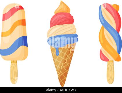 Délicieuses glaces, popsicle en couches, cornet de gaufre et popsicle torsadé fruité. Illustration isolée de style plat dessinée à la main pour les menus de desserts, emballages de crème glacée, affiches, médias sociaux, nourriture d'été Illustration de Vecteur