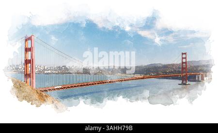 Dessin aquarelle stylisé du Golden Gate Bridge, mettant en valeur des tons vibrants et des coups de pinceau fluides qui mettent en valeur le légendaire landmar de San Francisco Banque D'Images