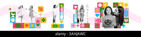 Collage d'œuvres d'art créatif avec des couleurs vives et des éléments graphiques, design élégant mettant en valeur les connexions et la joie quotidiennes Banque D'Images