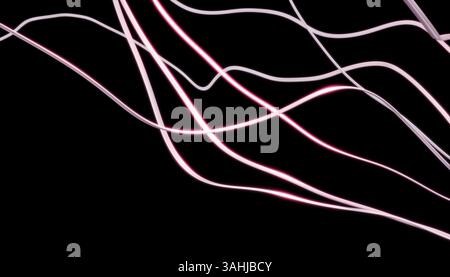 Les lignes courbes en blanc et rose brillent sur un fond sombre. Rendu 3D. Banque D'Images