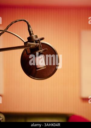 Microphone professionnel avec filtre pop dans un studio d'enregistrement avec un éclairage chaleureux. Banque D'Images