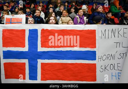 Budweis, République tchèque. 10 avril 2025. Les partisans de l’équipe norvégienne pendant le match du Groupe B du Championnat du monde féminin de hockey sur glace de l’IIHF Japon vs Norvège, Ceske Budejovice, République tchèque, le 10 avril 2025. Crédit : Lubos Pavlicek/CTK photo/Alamy Live News Banque D'Images