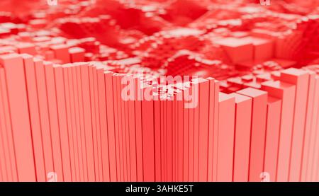 Motif abstrait de blocs rouges 3D créant un paysage dynamique et géométrique. Illustration 3D du blender Banque D'Images