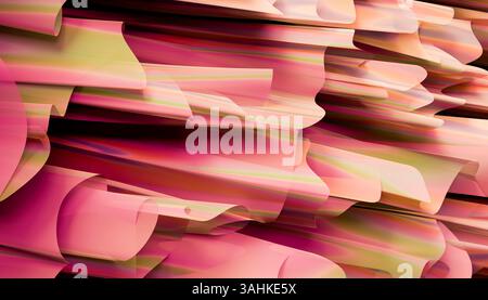 Les rubans abstraits superposés roses et oranges créent un paysage artistique et fluide. Illustration 3D du blender Banque D'Images