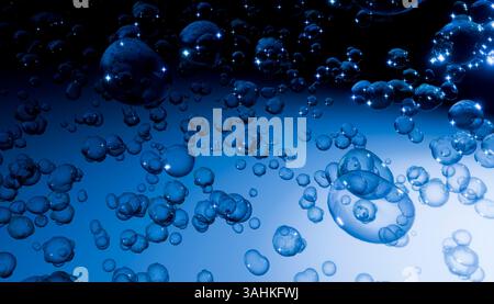 Des bulles bleues de différentes tailles flottent sur un fond dégradé sombre, créant une scène abstraite. Illustration 3D du blender Banque D'Images