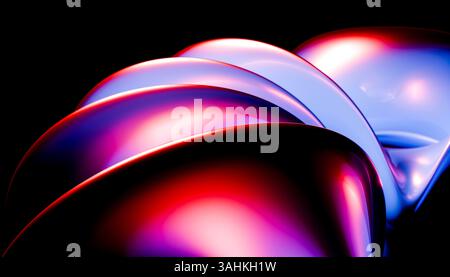 Formes métalliques abstraites avec des reflets rouges, violets et bleus éclatants sur un fond sombre. Illustration 3D du blender Banque D'Images