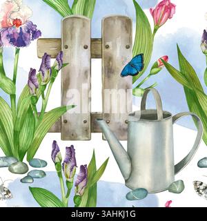 Motif aquarelle sans couture avec fleurs d'iris violettes et roses, arrosoir, clôture décorative et papillons. Parterre de fleurs à l'aquarelle dessinée à la main. Pour Banque D'Images