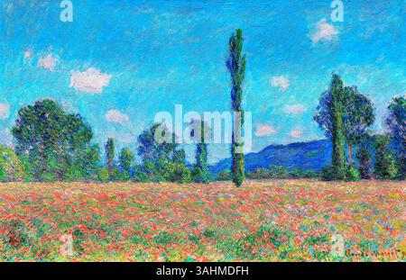 Champ de coquelicots, Giverny par Claude Monet – 1890 peinture paysagiste impressionniste, estampe d'art haute résolution du domaine public, scène rurale française en fleurs Banque D'Images