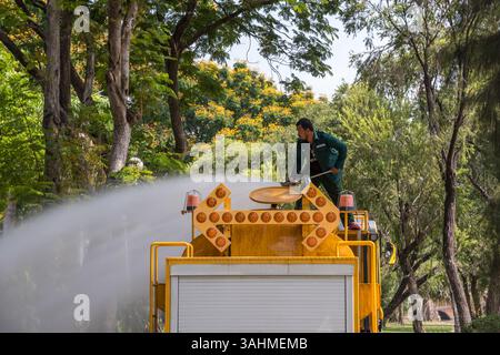 Bangkok, Thaïlande - 25 mars 2017 : jardinier ouvrier non identifié du parc public travaillant pour l'arrosage des plantes de pelouse et des arbres par camion-citerne d'eau Banque D'Images