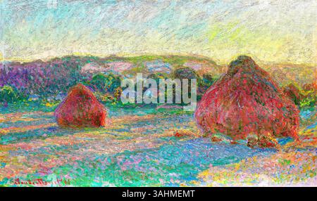 Piles de blé, fin d'été par Claude Monet – 1891 paysage impressionniste français, domaine public, scène de récolte haute résolution, champ doré rural Banque D'Images