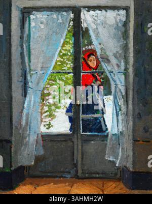 The Red Kerchief (1873) de Claude Monet – scène hivernale impressionniste avec Camille Monet, domaine public, tirage haute résolution Banque D'Images