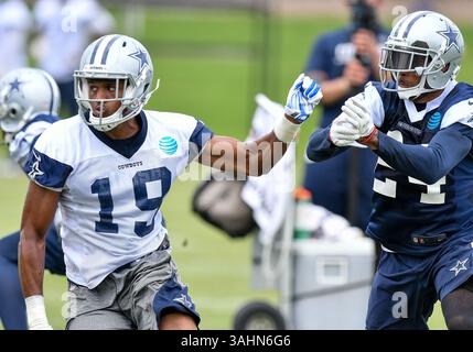 Juin 14th, 2017 : .Cowboys de Dallas receveur Brice Butler (19) et Dallas Cowboys corner retour Nolan Carroll (24) au cours d'une bataille à l'Étoile de la NFL minicamp de Frisco, TX.Manny Flores/Cal Sport Media Banque D'Images