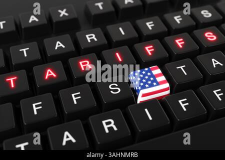 Touches d'un clavier d'ordinateur montrant le drapeau national américain et répétant le mot TARIFS. Tarifs réciproques globaux imposés par les États-Unis Banque D'Images