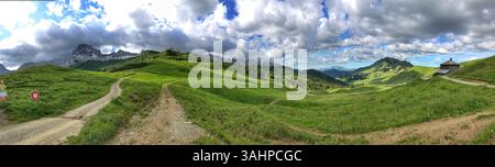 Paysage panoramique présentant des collines verdoyantes avec des chemins sinueux sous un ciel nuageux et vibrant. Banque D'Images