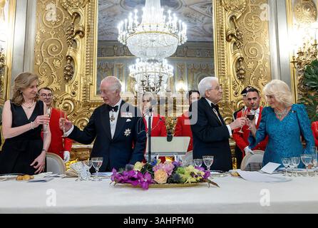 Rome, Italie. 9 avril 2025. ROME, ITALIE - 9 AVRIL : le roi Charles III et la reine Camilla assistent à un banquet d'État au Palais du Quirinal avec le président italien Sergio Mattarella et sa fille Laura Mattarella (à droite) lors de la troisième journée de la visite d'État du roi Charles III et de la reine Camilla en République d'Italie le 9 avril 2025 à Rome, Italie. Photo Pool Quirinale/Spaziani crédit : dpa/Alamy Live News Banque D'Images
