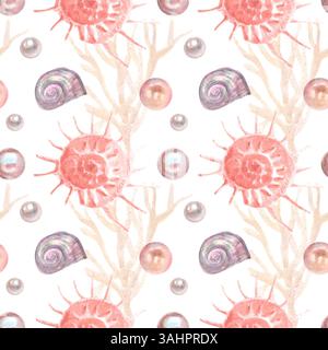 Motif aquarelle sans couture avec des coquilles et des perles Banque D'Images