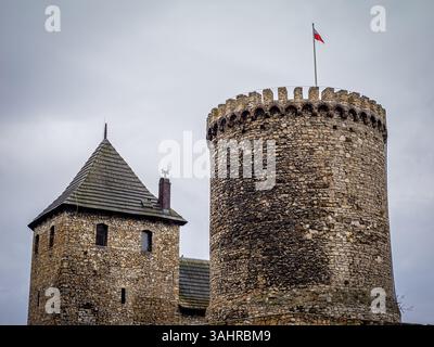 Un très grand château de pierre est majestueusement assis au sommet d'une colline herbeuse à Bedzin, en Pologne Banque D'Images