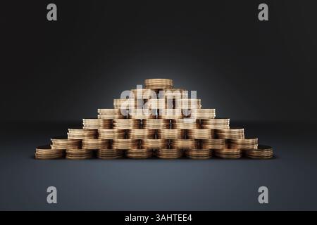 Les pièces d'or s'empilent pour former une pyramide sur un fond noir. Illustration du concept de richesse, de richesse, de luxe et de marchés financiers Banque D'Images