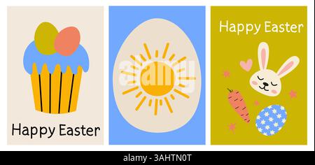 Décorations de Pâques lumineuses et joyeuses mettant en vedette des cupcakes, des œufs et des lapins sur des fonds colorés Illustration de Vecteur