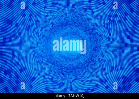 Tunnel bleu pixélisé brillant menant à une sortie lumineuse. Illustration comme toile de fond pour les sujets scientifiques et technologiques Banque D'Images