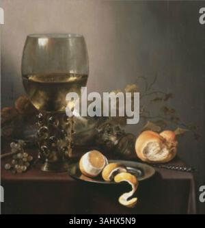 Pieter Claesz's 1646 Still Life présente un verre roemer et un citron pelé. La peinture à l’huile reflète l’attention portée aux détails et au symbolisme de la période baroque néerlandaise, présentant des objets du quotidien avec un réalisme fin. Banque D'Images