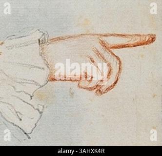 Un détail du portrait de Jean-Étienne Liotard de 1762 de l’archiduc Ferdinand Karl d’Autriche-Este, montrant l’archiduc avec le doigt pointé. L'œuvre, exécutée à la craie rouge, à la craie noire, au graphite et au pastel, fait partie de la collection du Musée d'Art et d'histoire de Genève. Banque D'Images