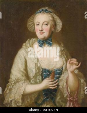 Portrait attribué au cercle de Georg Desmarées, mettant en vedette Marie Anne Sophie de Saxe, électrice de Bavière, représentée avec un fuseau à la main, illustrant sa grâce et son rôle aristocratique. Banque D'Images