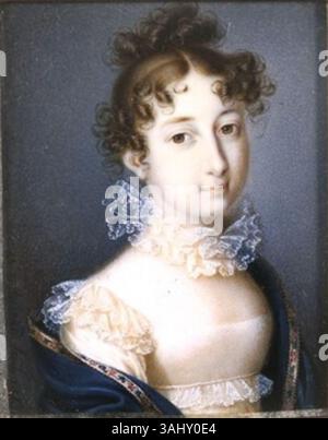 Portrait présumé de Marie Ludovika d'Autriche-Este, épouse de François II, empereur romain germanique, créé par Bernhard von Guérard en 1813. La miniature la représente dans une robe blanche de style Empire avec bordure en dentelle. Banque D'Images