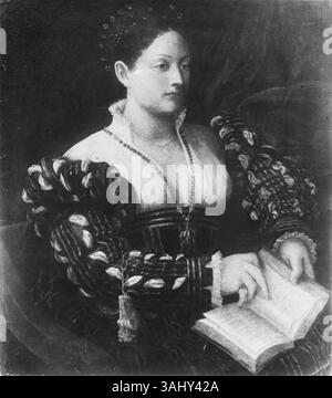 Cette peinture à l'huile du XVIe siècle, attribuée à une artiste vénitienne anonyme, représente Eleonora d'Este, mettant en valeur des portraits de la Renaissance avec une attention aux détails dans sa tenue vestimentaire et les traits du visage. Banque D'Images