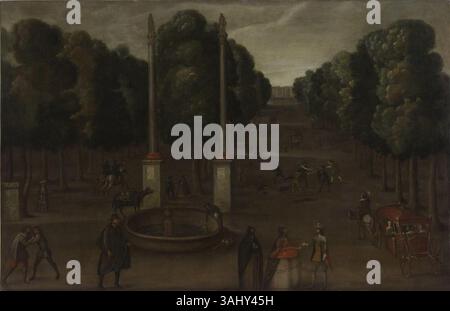 Cette peinture de 1645 représente l'Alameda d'Hercule à Séville, capturant l'architecture et l'atmosphère du parc historique. L'œuvre reflète l'art espagnol et le paysage urbain du XVIIe siècle. Banque D'Images