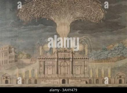 Une vue rognée de la grande structure érigée pour le feu d'artifice célébrant la paix générale, illustrant l'ampleur et la signification de l'événement. Banque D'Images