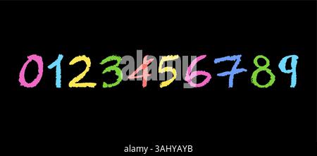Numéros colorés 0-9, dessinés à la main dans un crayon de cire ou un style pastel. Effet surligneur sur un tableau noir, parfait pour le dessin de maternelle, l'apprentissage Illustration de Vecteur
